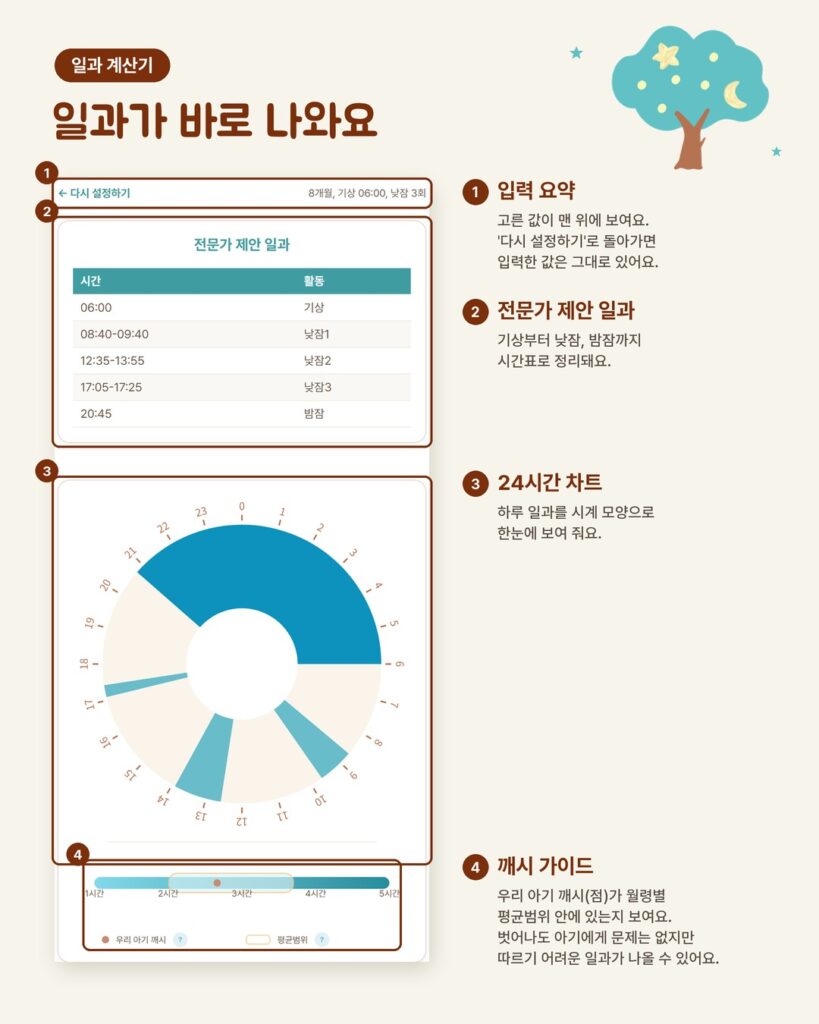 일과 계산기 사용법 2: 입력 요약, 전문가 제안 일과 표, 24시간 차트, 깨시 가이드가 나오는 결과 화면